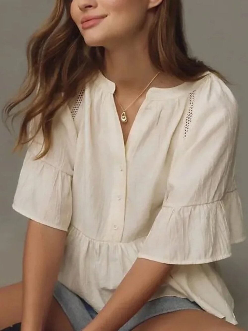 Anthropologie Cream Short Sleeve Peplum Swing Top 1X - Picture 2 of 7
